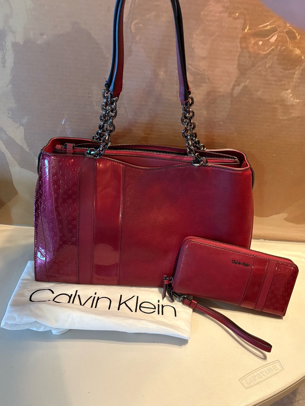 Calvin Klein Red Leather Chain-Handle Tote with Matching Wallet